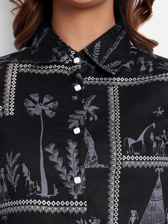 Black Tribal Print Cotton Women’s Shirt Top