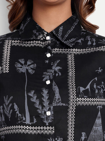 Black Tribal Print Cotton Women’s Shirt Top