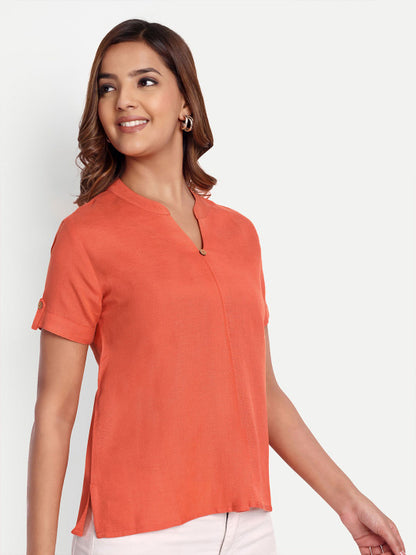 Orange Solid Women’s Mandarin Neck Top