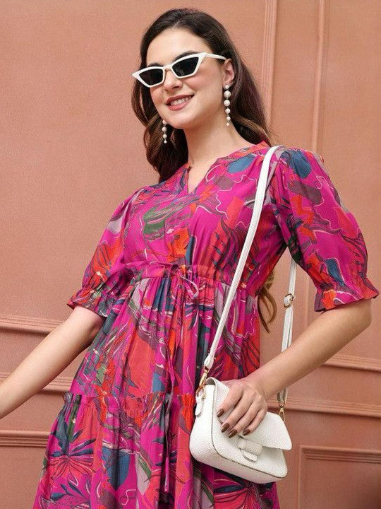 Magenta Floral Printed Viscose Rayon Midi Dress