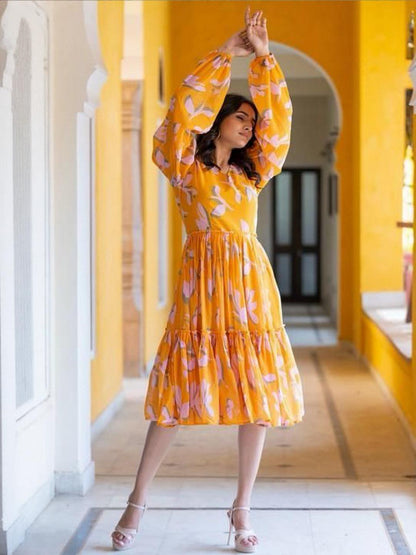 Sunshine Yellow Printed Cotton Midi Dress