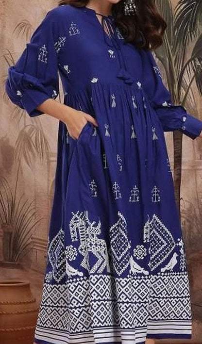 Blue Ethnic Printed Cotton Midi Dress