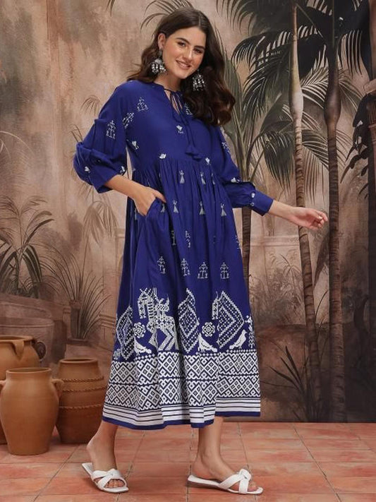 Blue Ethnic Printed Cotton Midi Dress