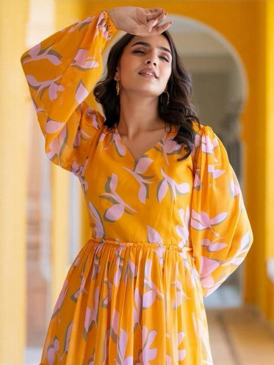 Sunshine Yellow Printed Cotton Midi Dress