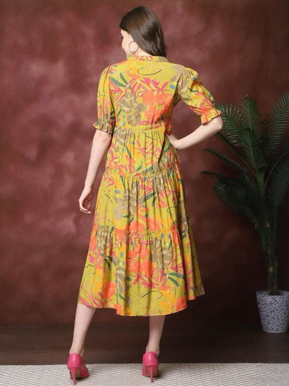 Multicolor Floral Printed Viscose Rayon & Cotton Midi Dress
