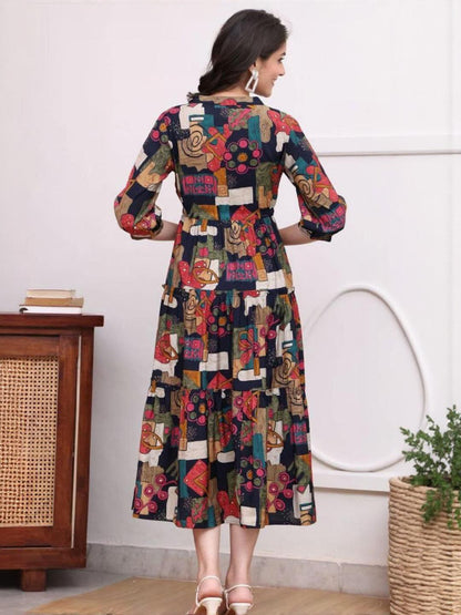 Abstract Multicolor Printed Cotton Midi Dress