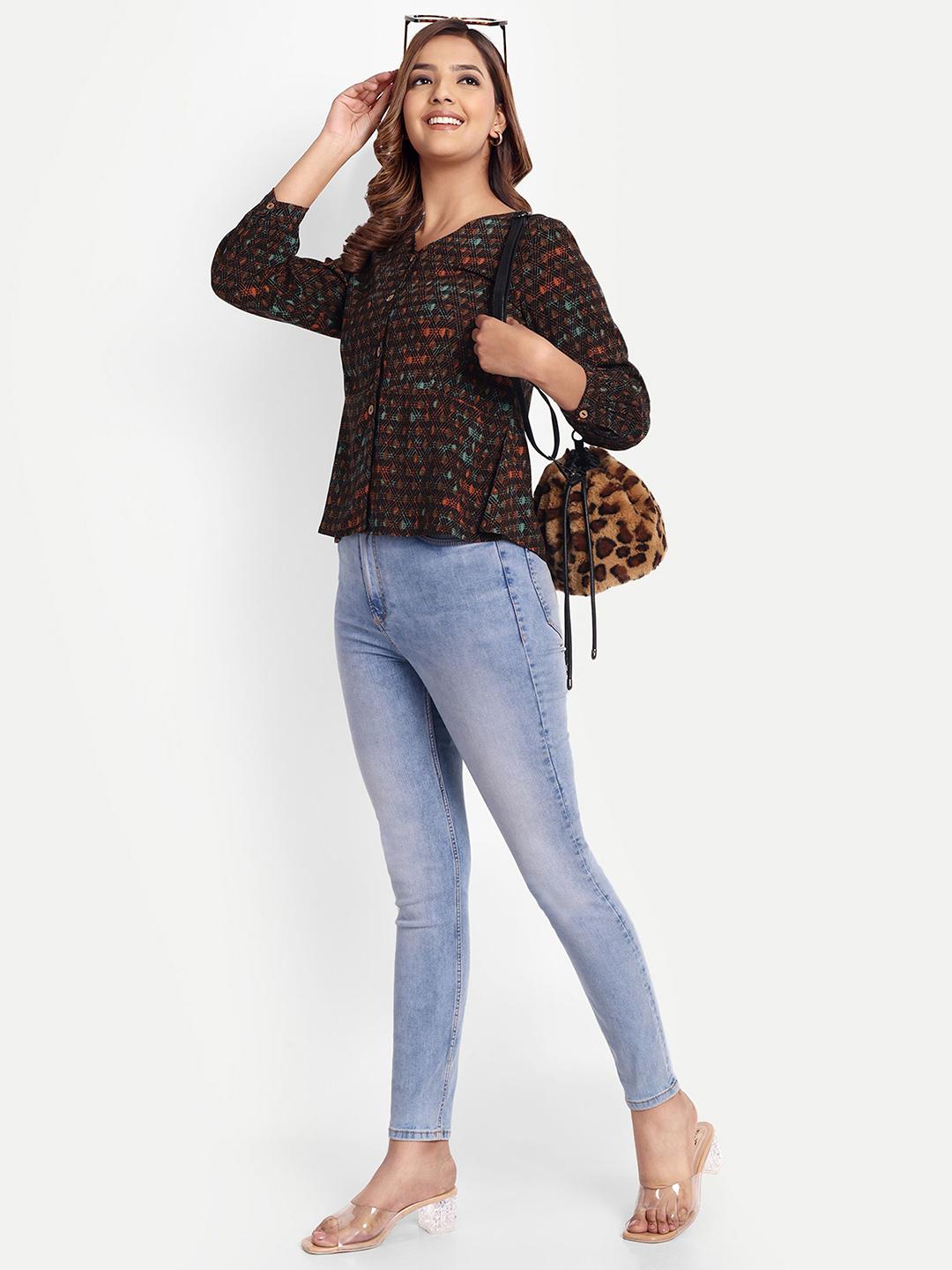 Black Geometric Print Women’s Top