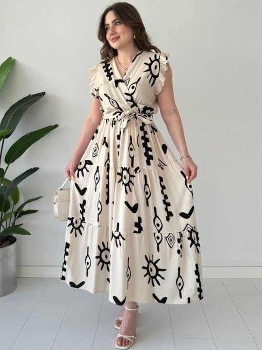Beige Floral Print Layered Fit & Flare Dress