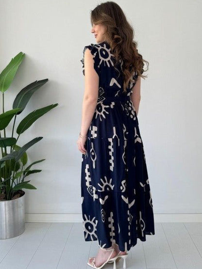 Blue Tribal Print Flutter Sleeve Maxi Dress