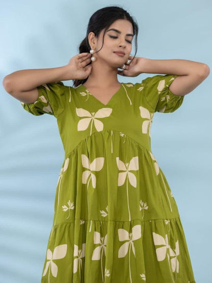 Olive Green Floral Printed Dress