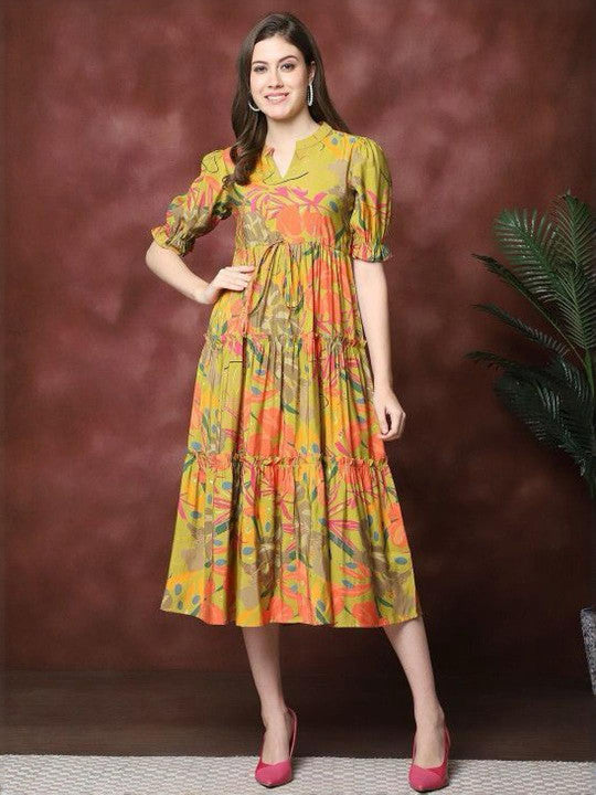 Multicolor Floral Printed Viscose Rayon & Cotton Midi Dress