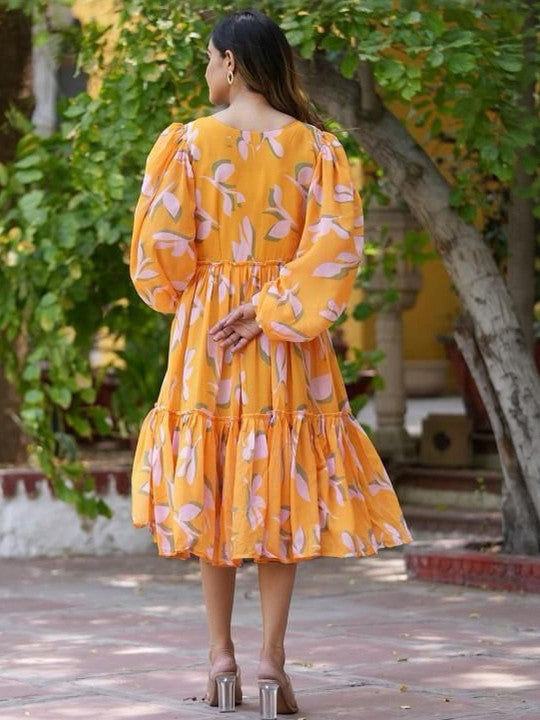 Sunshine Yellow Printed Cotton Midi Dress