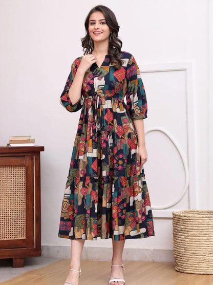Abstract Multicolor Printed Cotton Midi Dress