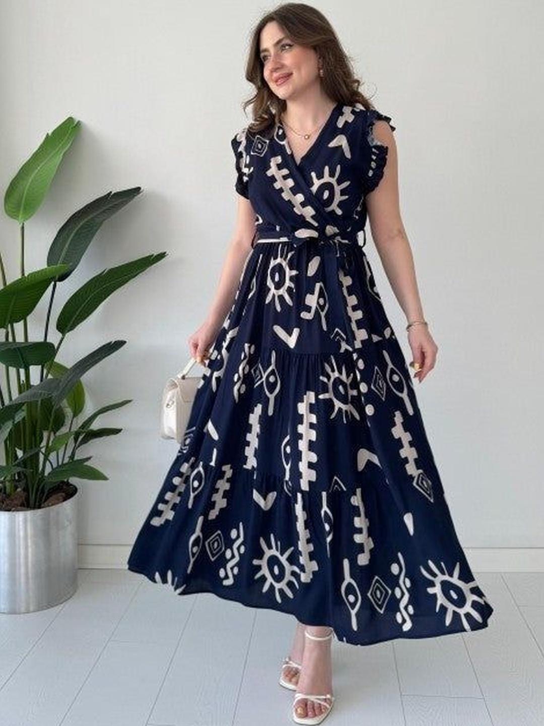 Blue Tribal Print Flutter Sleeve Maxi Dress