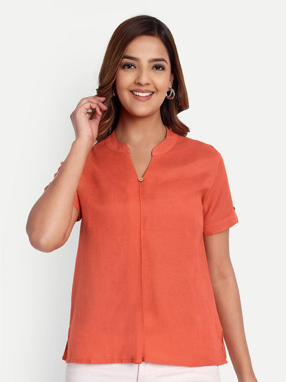 Orange Solid Women’s Mandarin Neck Top