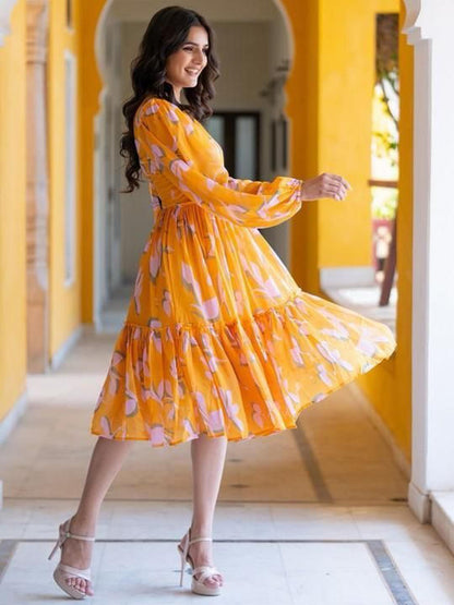 Sunshine Yellow Printed Cotton Midi Dress