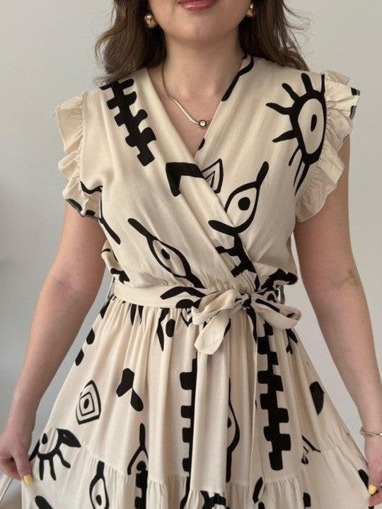 Beige Floral Print Layered Fit & Flare Dress