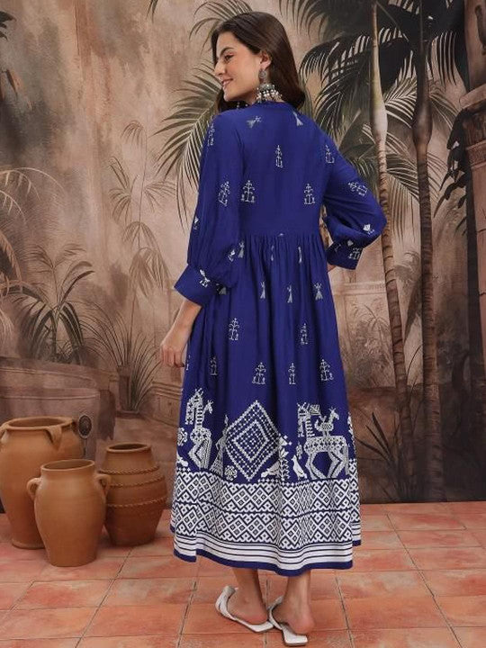 Blue Ethnic Printed Cotton Midi Dress