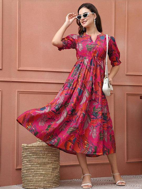 Magenta Floral Printed Viscose Rayon Midi Dress