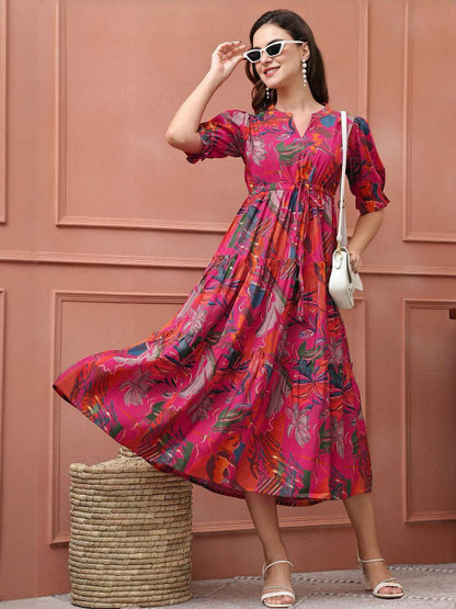 Magenta Floral Printed Viscose Rayon Midi Dress