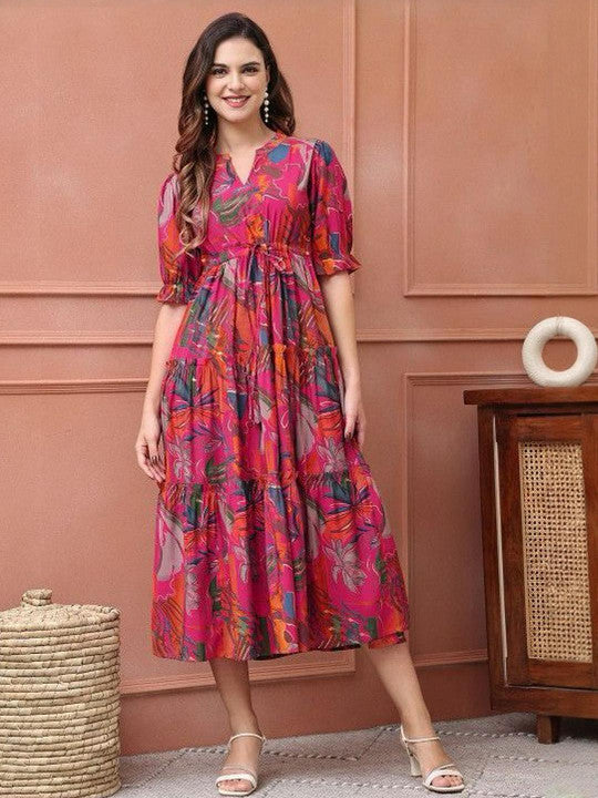 Magenta Floral Printed Viscose Rayon Midi Dress