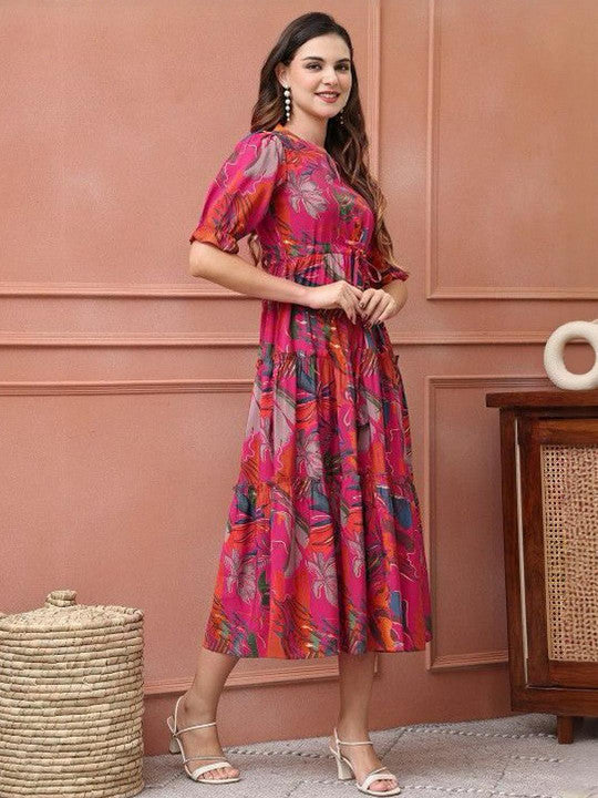 Magenta Floral Printed Viscose Rayon Midi Dress