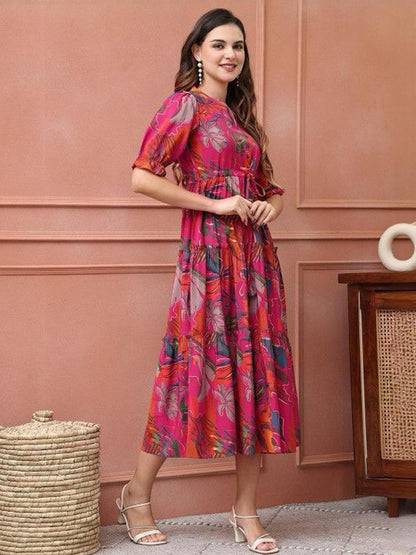 Magenta Floral Printed Viscose Rayon Midi Dress