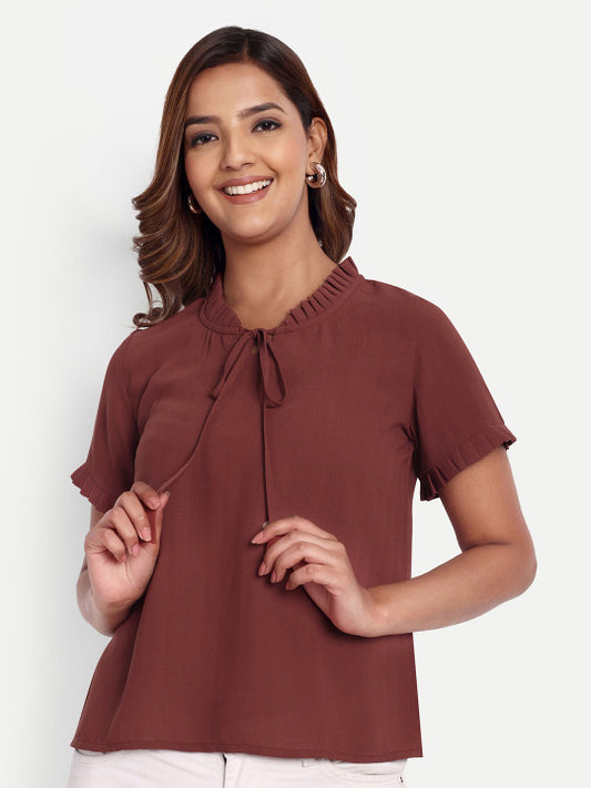 Brown Solid Women’s Tie-Up Neck Top