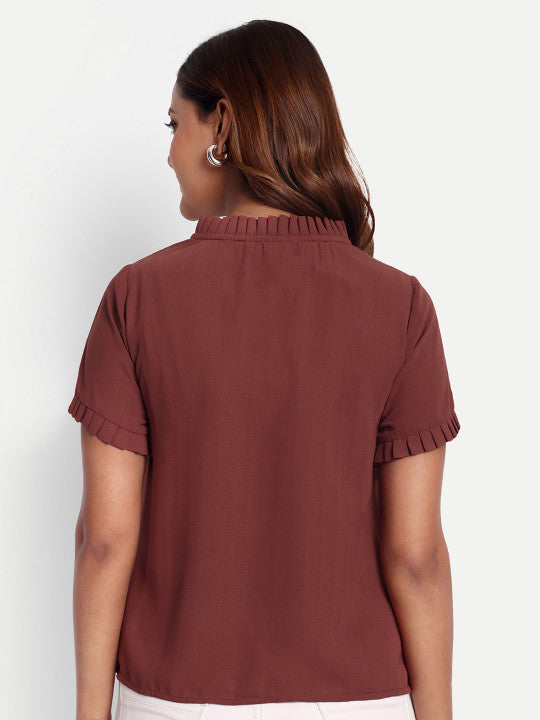 Brown Solid Women’s Tie-Up Neck Top