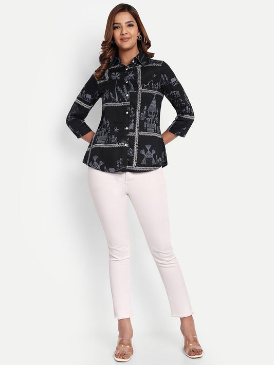 Black Tribal Print Cotton Women’s Shirt Top