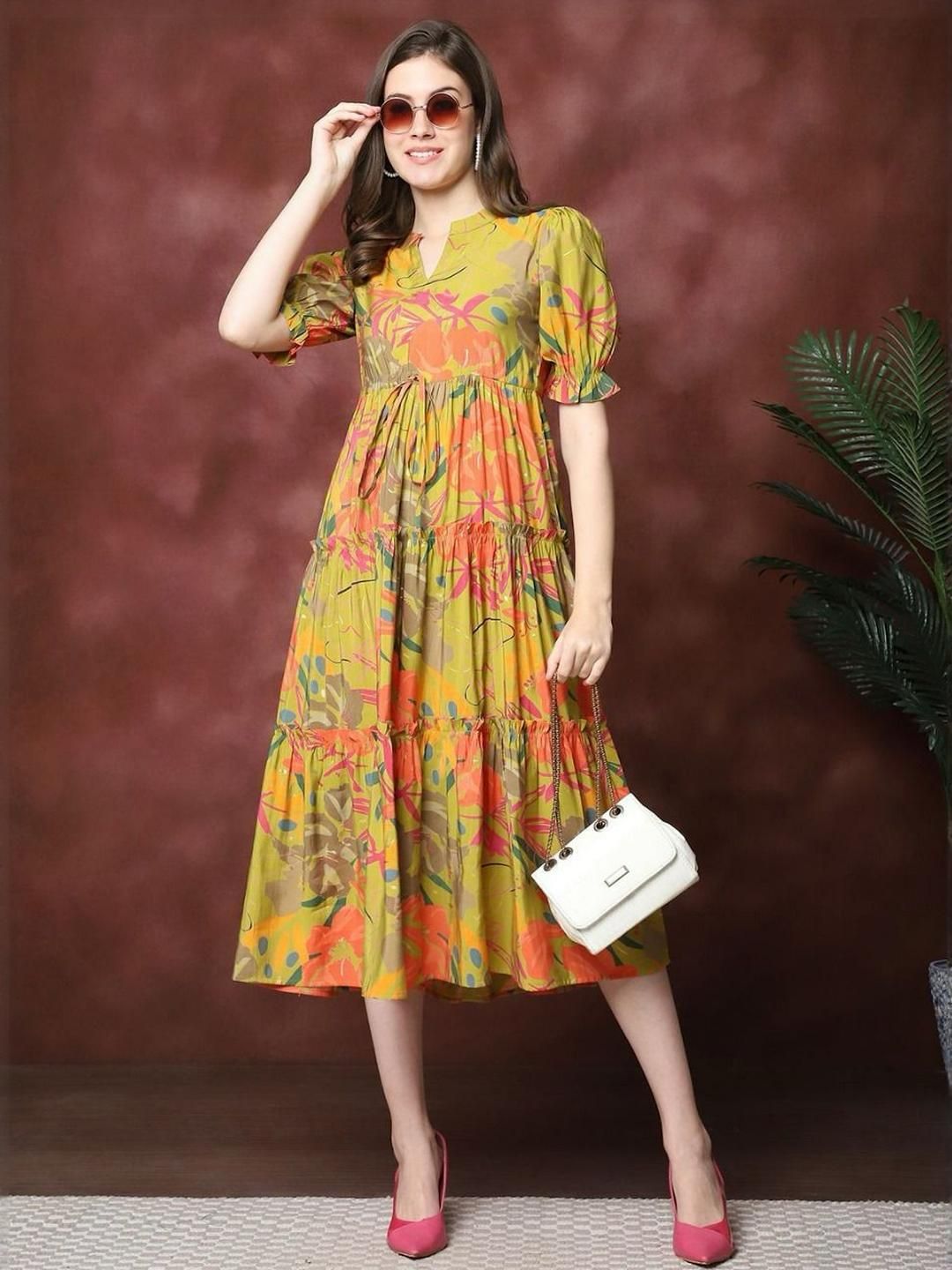 Multicolor Floral Printed Viscose Rayon & Cotton Midi Dress