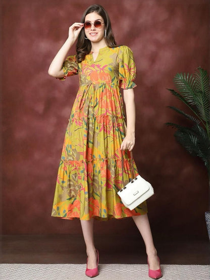 Multicolor Floral Printed Viscose Rayon & Cotton Midi Dress