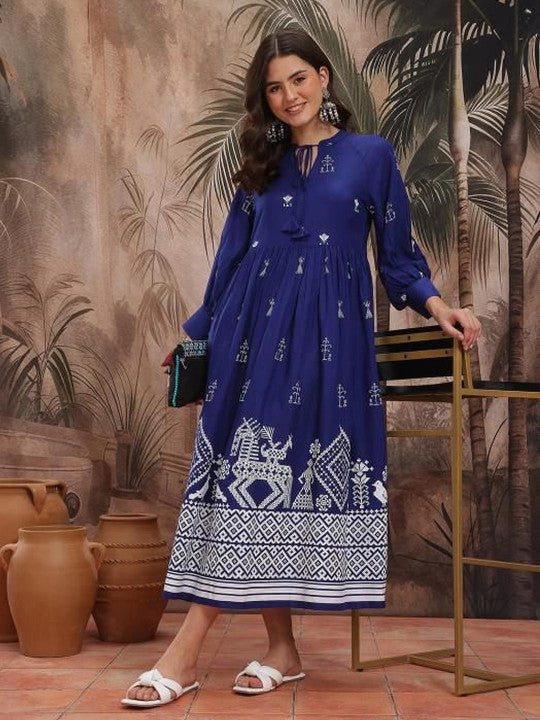 Blue Ethnic Printed Cotton Midi Dress