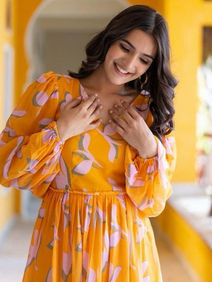 Sunshine Yellow Printed Cotton Midi Dress