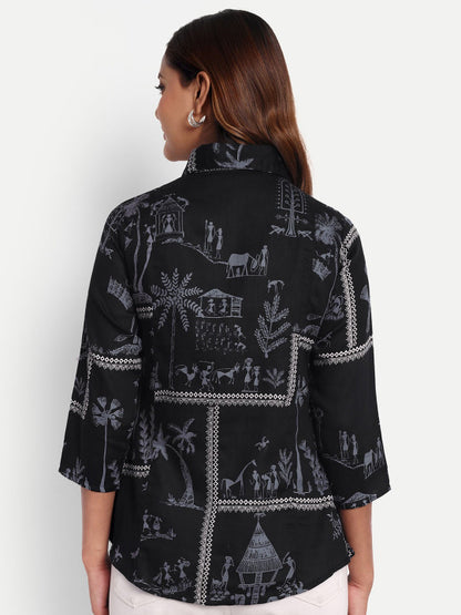 Black Tribal Print Cotton Women’s Shirt Top