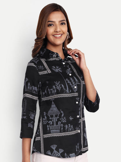 Black Tribal Print Cotton Women’s Shirt Top