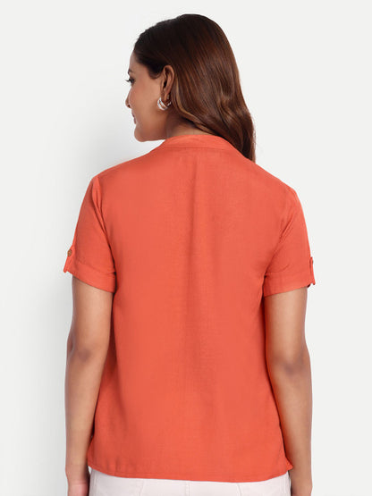 Orange Solid Women’s Mandarin Neck Top
