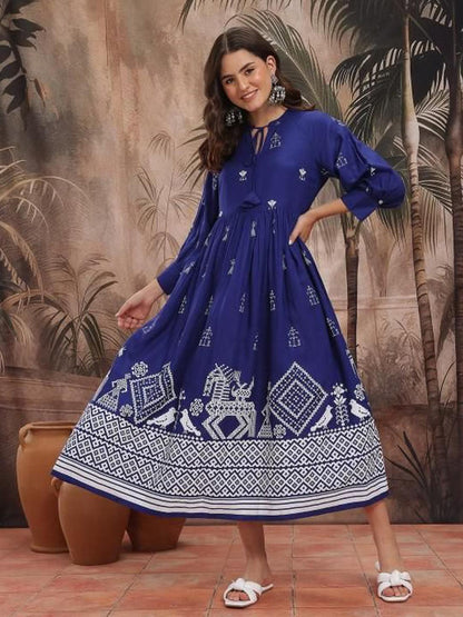 Blue Ethnic Printed Cotton Midi Dress