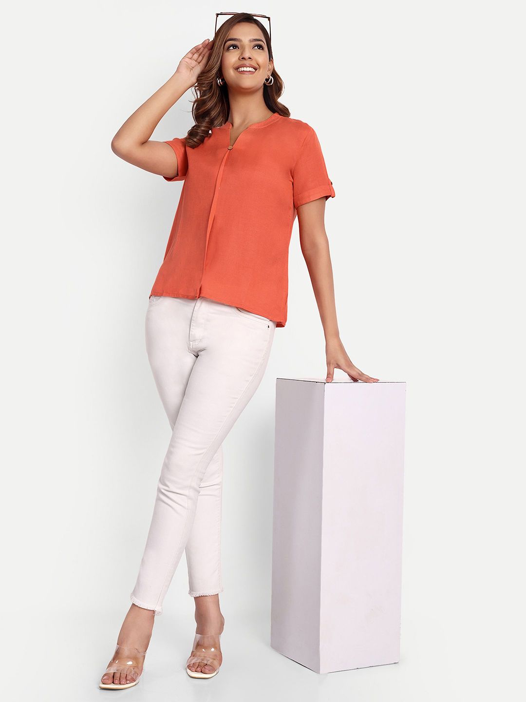 Orange Solid Women’s Mandarin Neck Top
