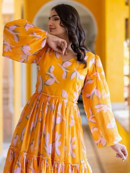 Sunshine Yellow Printed Cotton Midi Dress