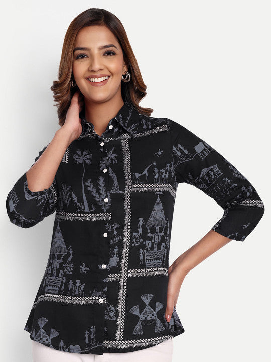 Black Tribal Print Cotton Women’s Shirt Top