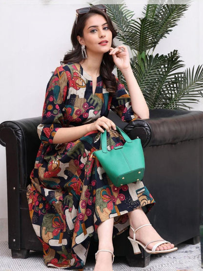 Abstract Multicolor Printed Cotton Midi Dress