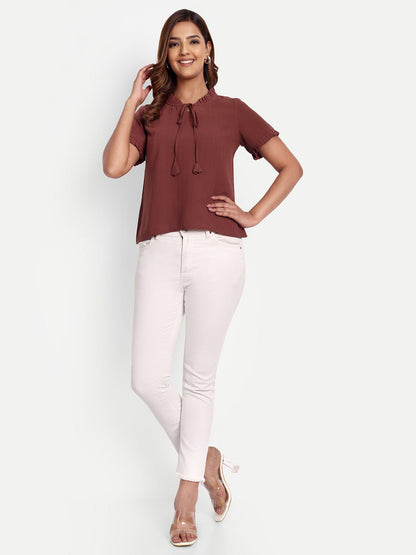 Brown Solid Women’s Tie-Up Neck Top