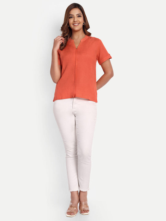 Orange Solid Women’s Mandarin Neck Top