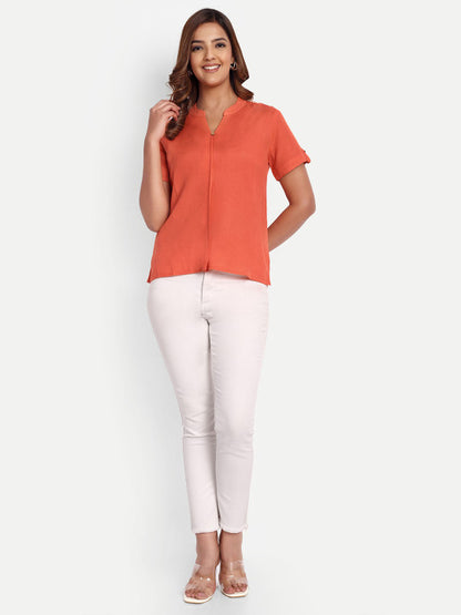 Orange Solid Women’s Mandarin Neck Top
