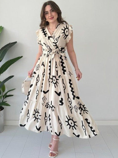 Beige Floral Print Layered Fit & Flare Dress