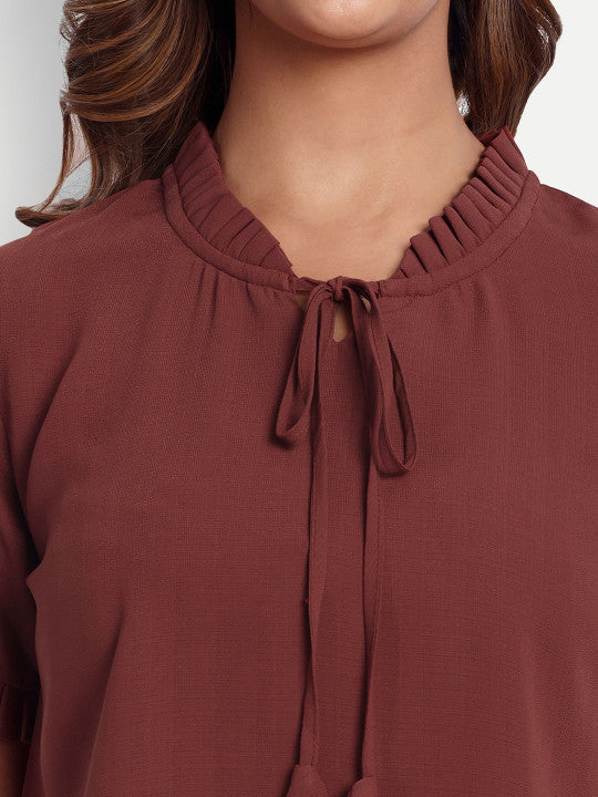 Brown Solid Women’s Tie-Up Neck Top