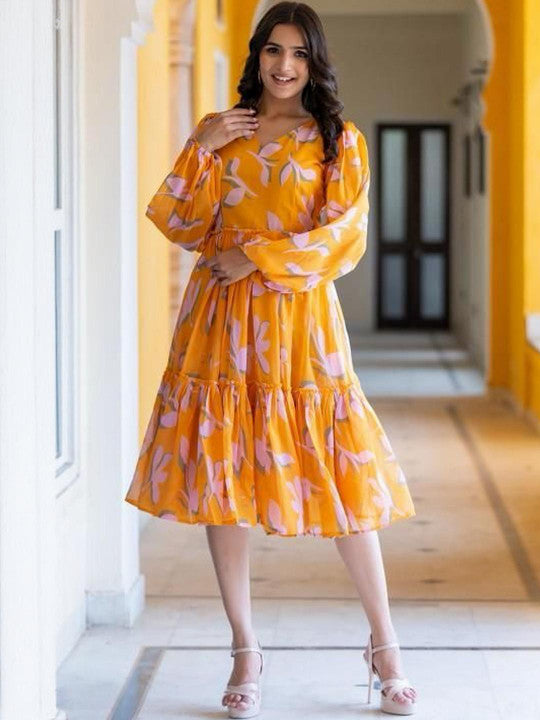 Sunshine Yellow Printed Cotton Midi Dress