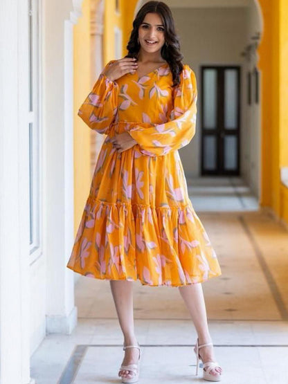 Sunshine Yellow Printed Cotton Midi Dress