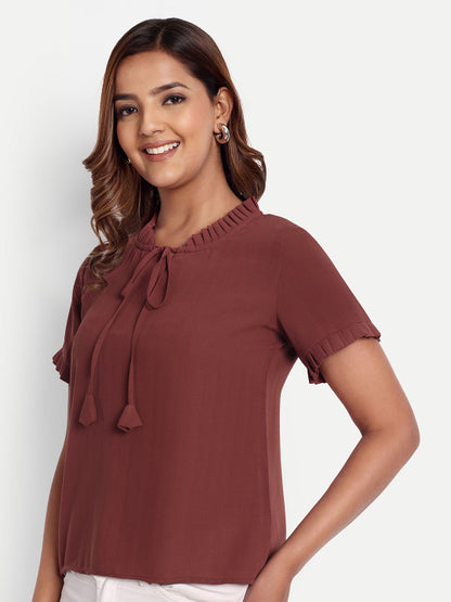 Brown Solid Women’s Tie-Up Neck Top